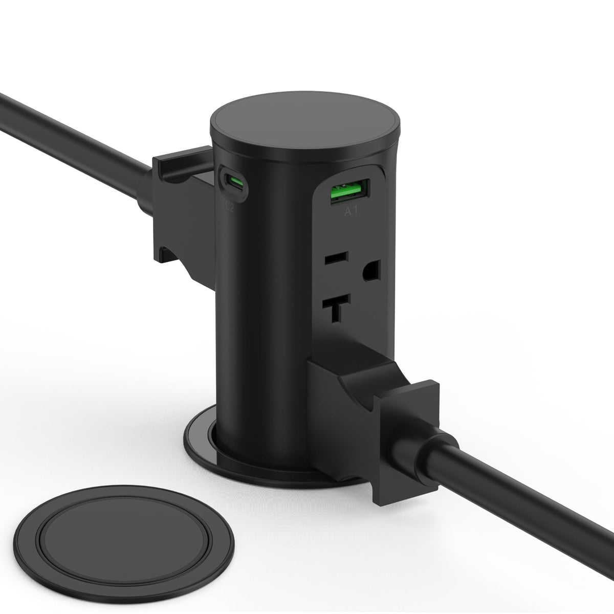 Black retractable countertop outlet with AC and USB ports