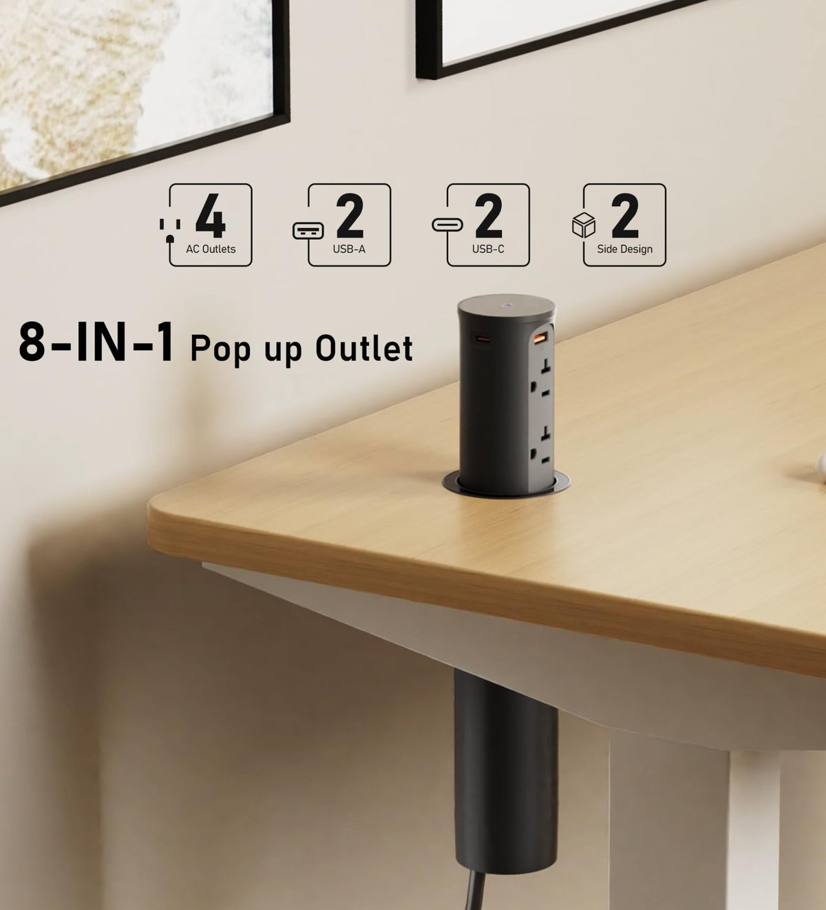 8-in-1 retractable desk outlet with four AC sockets and four USB ports