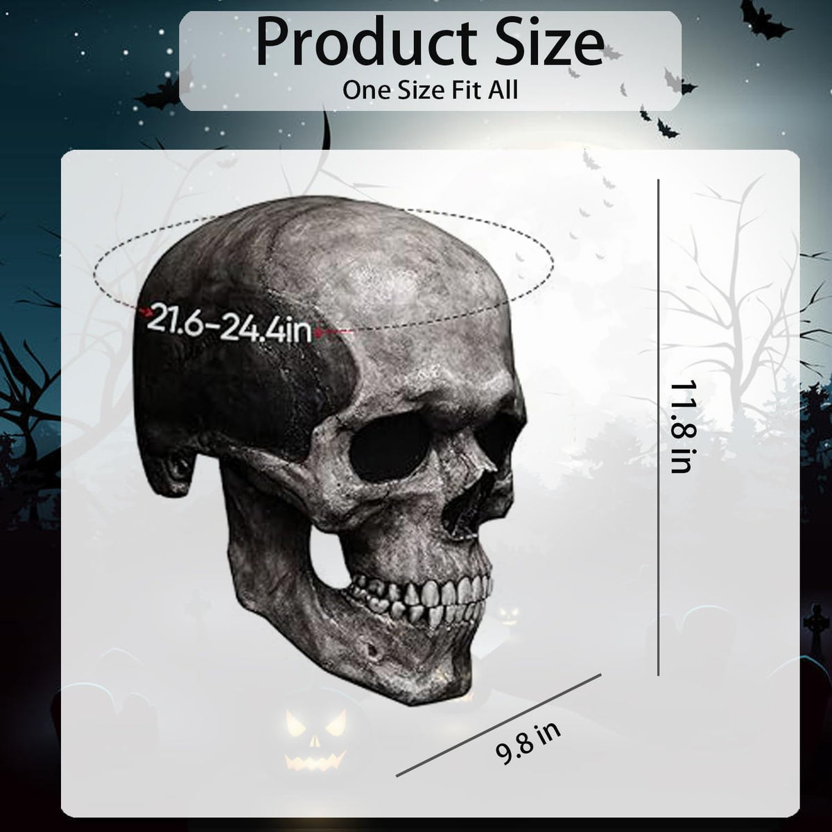 Skull Halloween mask dimensions and head circumference size guide