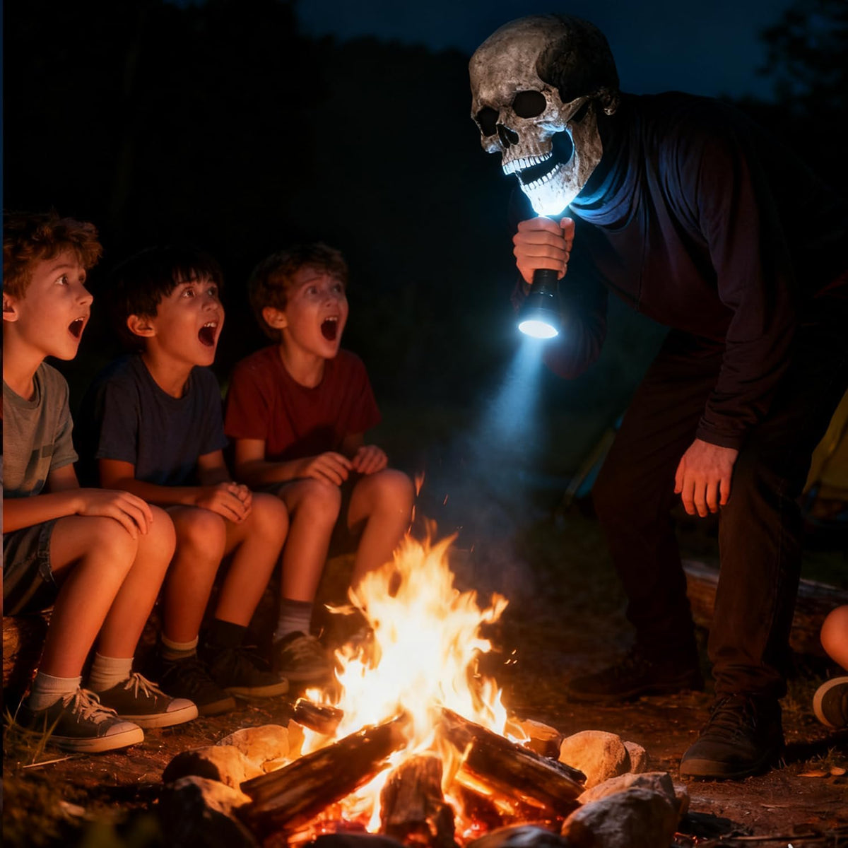 Realistic skull mask worn during spooky outdoor Halloween scene