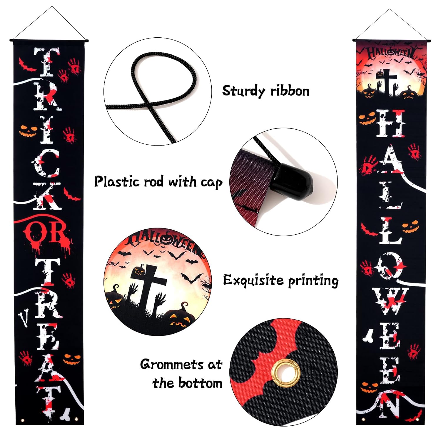 Close-up details of Halloween banner showing material, stitching, and hanging components
