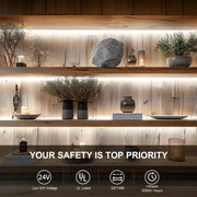 LED strip lighting installed under wooden shelves warm modern interior