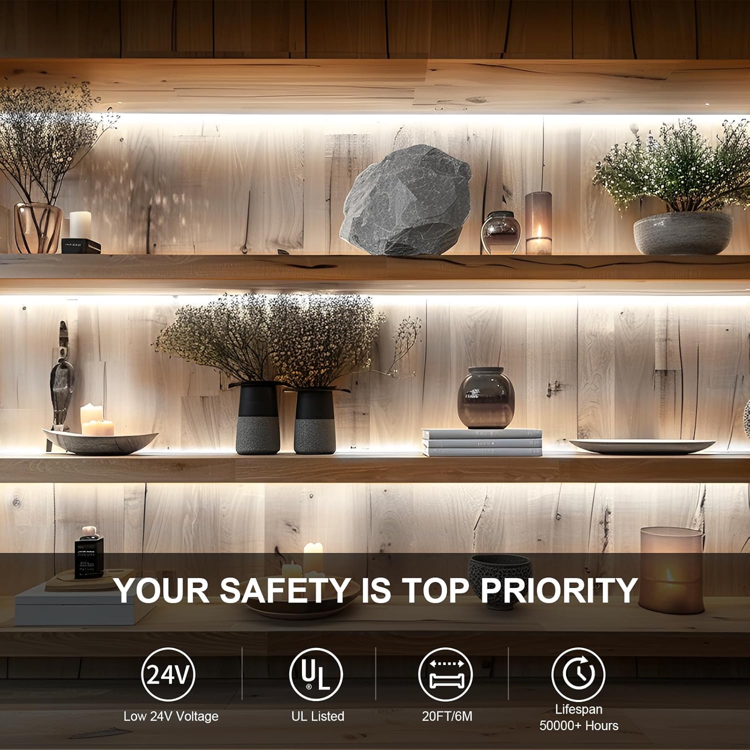 LED strip lighting installed under wooden shelves warm modern interior