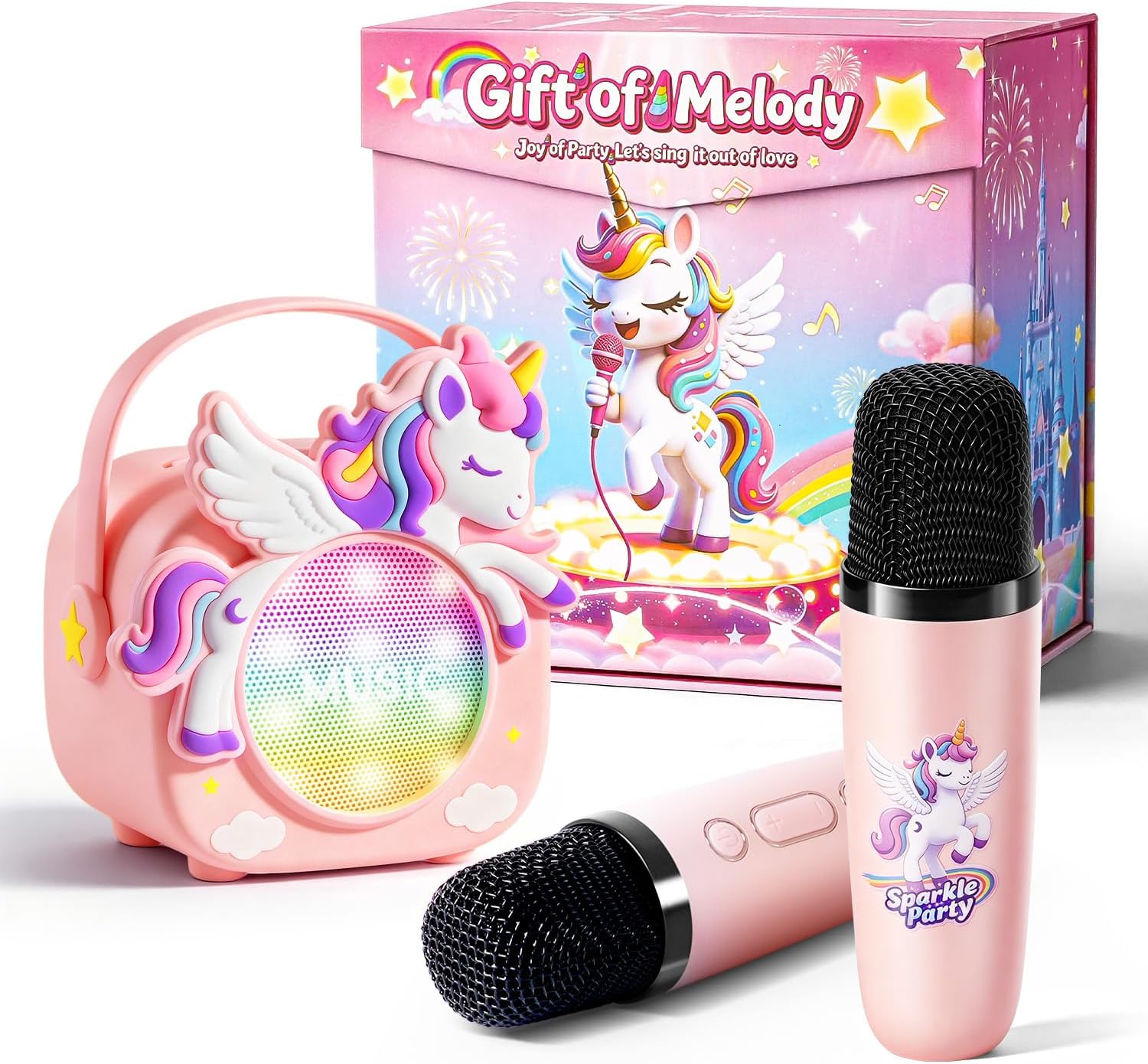 Pink unicorn kids karaoke machine with 2 wireless microphones and Bluetooth speaker gift set