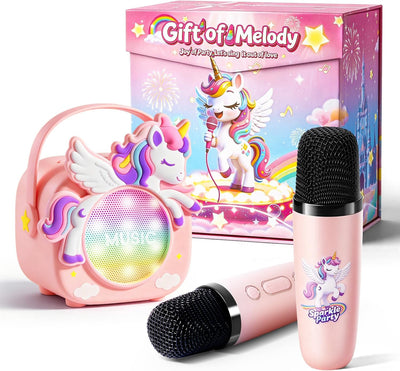 Unicorn Kids Karaoke Machine with 2 Wireless Microphones, Bluetooth 5.3, 4 Voice Changers, Portable Rechargeable Speaker, Birthday Gift for Girls Ages 2-8