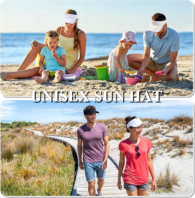 Men and women wearing sun visor hats at the beach