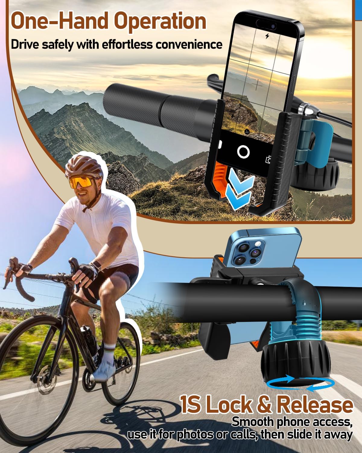 Phone mount showing free camera access and 360° rotation while riding on road