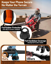 Phone mount showing full‑coverage silicone liner and stable structure on bicycle handlebar