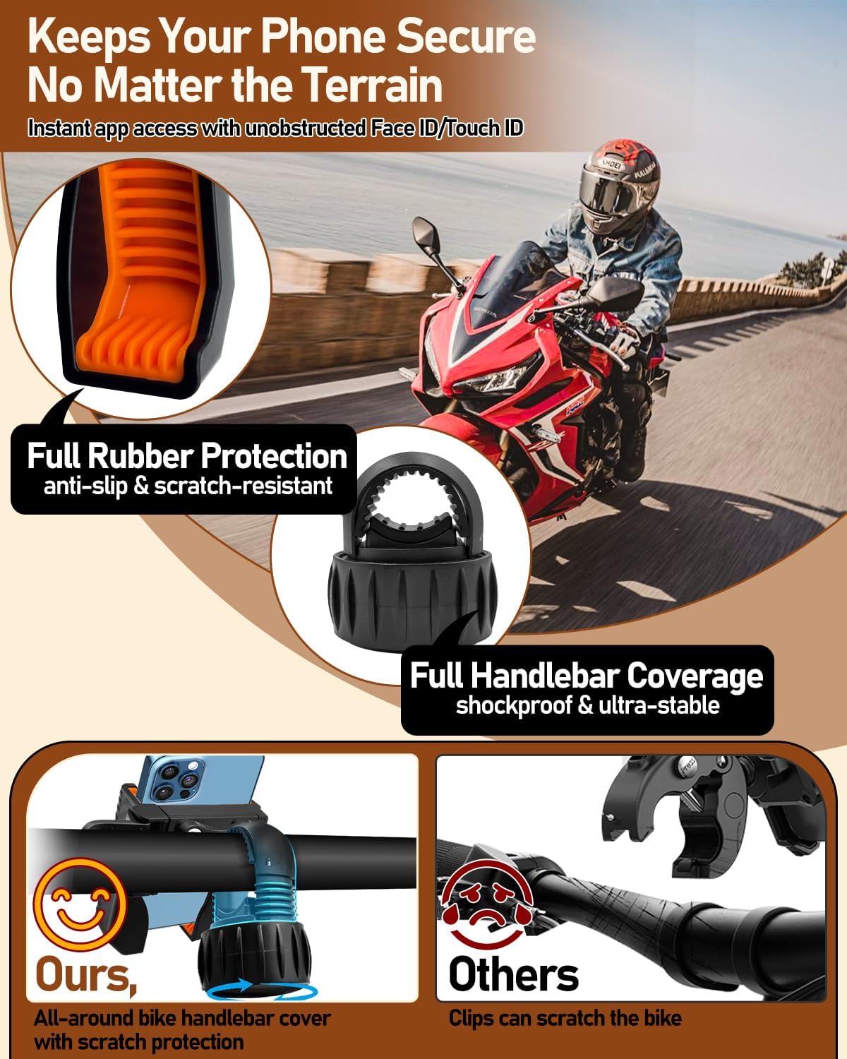 Phone mount showing full‑coverage silicone liner and stable structure on bicycle handlebar