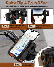 Universal fit phone mount with smartphone in bracket on e‑bike handlebar