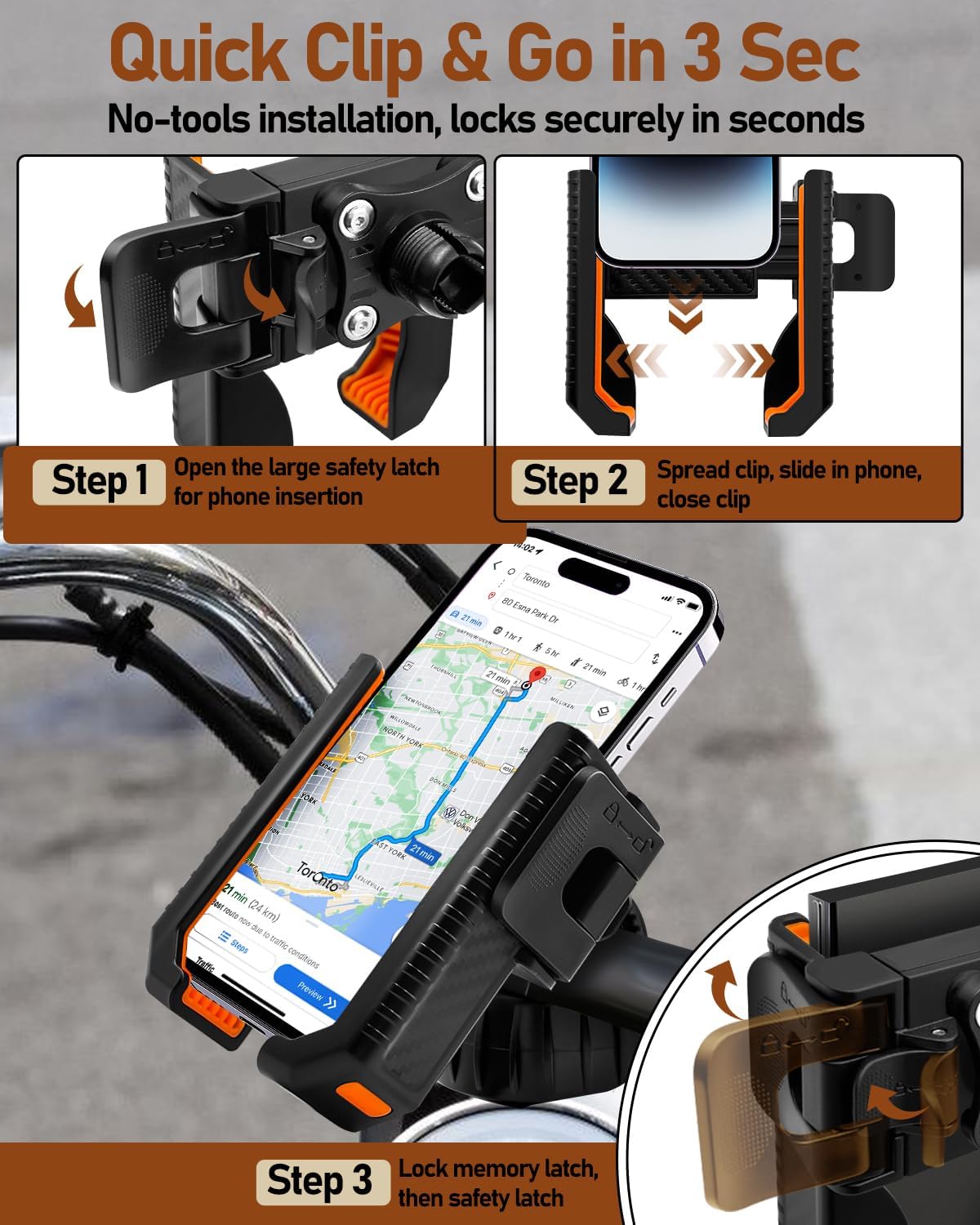 Universal fit phone mount with smartphone in bracket on e‑bike handlebar