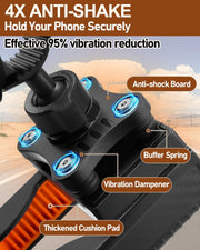 Close‑up detail of vibration dampener and buffer springs on phone mount handlebar clamp