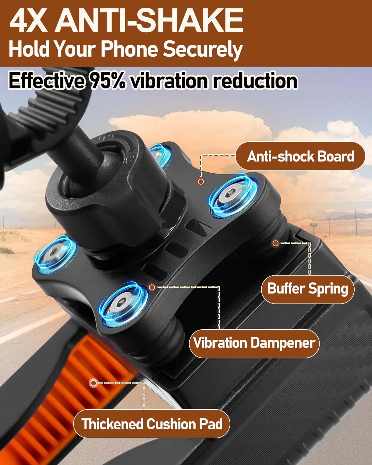 Close‑up detail of vibration dampener and buffer springs on phone mount handlebar clamp
