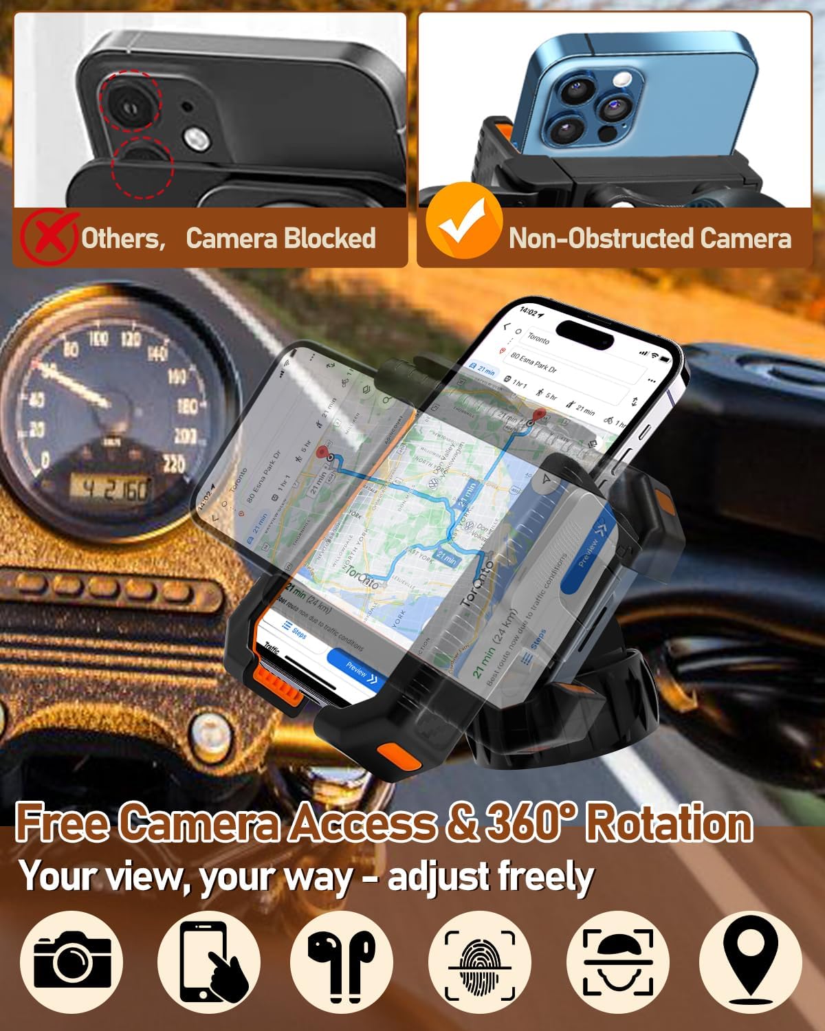 Phone mount compatibility graphic showing 2.5″‑3.54″ width phones and handlebar diameters