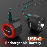 Rechargeable bike lights connected to USB-C cables for fast charging.