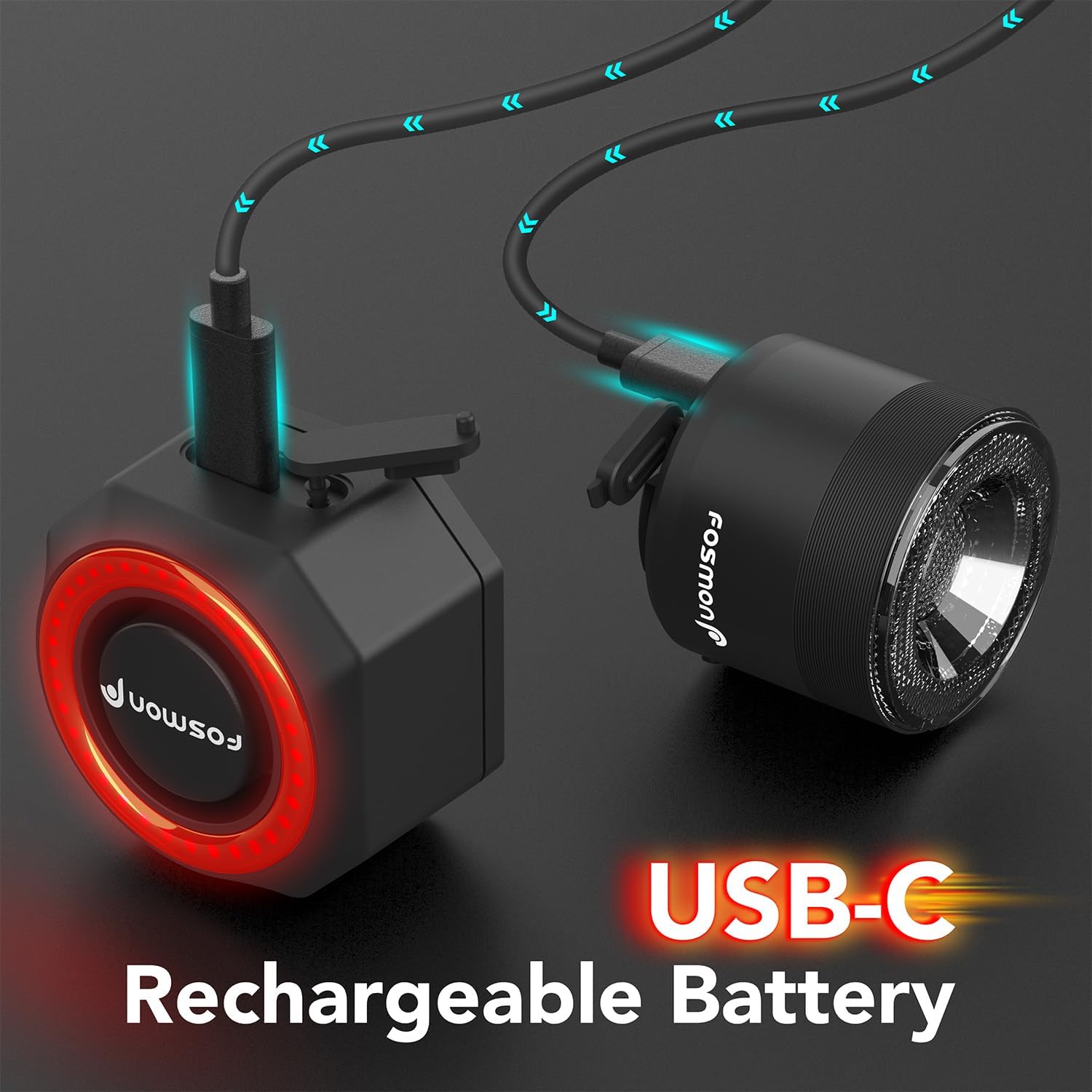 Rechargeable bike lights connected to USB-C cables for fast charging.