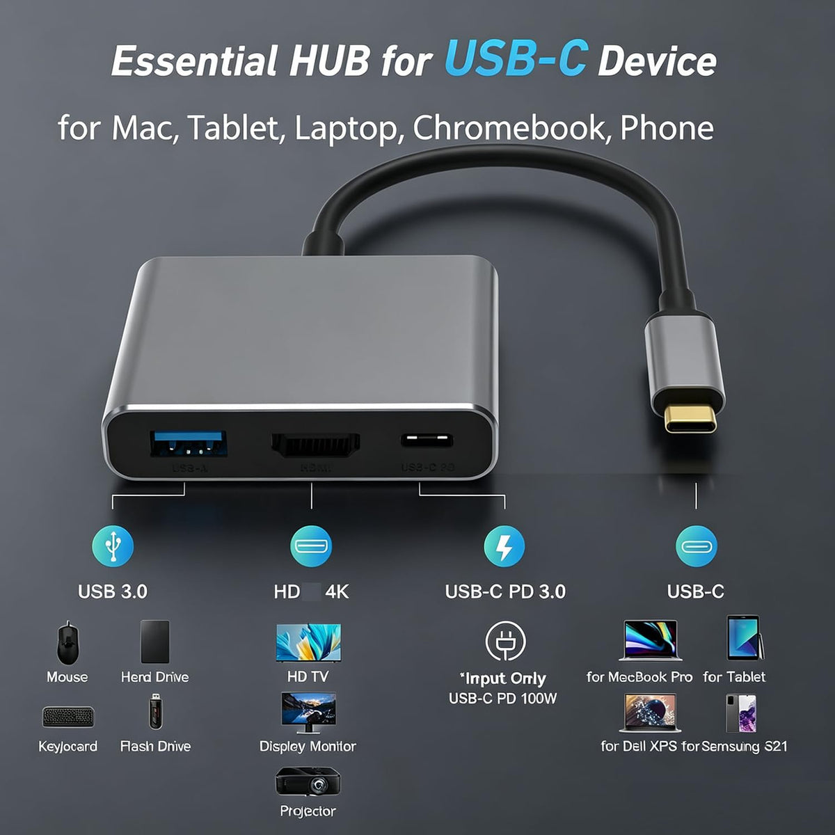 USB-C 3-in-1 dongle with HDMI USB 3.0 and PD