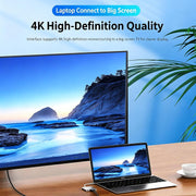 USB-C to HDMI adapter connecting laptop to 4K TV
