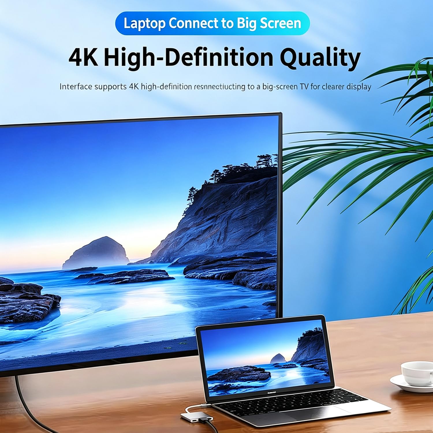 USB-C to HDMI adapter connecting laptop to 4K TV