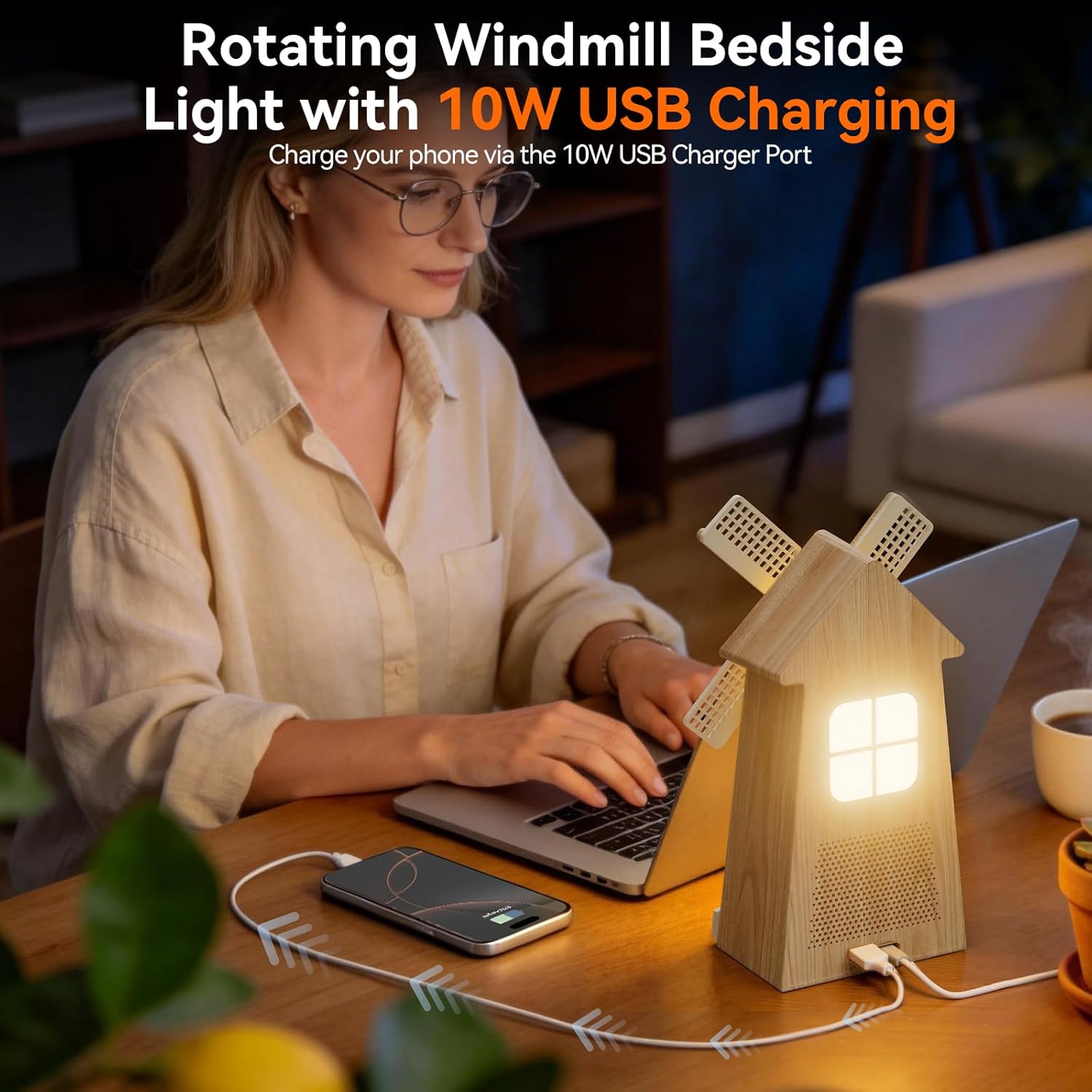Bedside alarm clock with USB charging port and warm ambient lighting