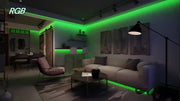 RGB LED light strip decorating a modern living room with green lighting