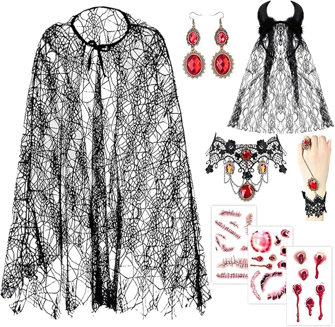 Full 9-piece vampire costume accessory kit including lace cape, jewelry, and fake wounds