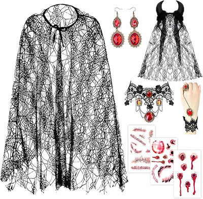 9-Piece Gothic Vampire Halloween Costume Kit – Lace Cape, Horn Headband & Scary Tattoos