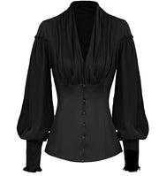 Black vintage Victorian blouse with puffed sleeves and deep neckline