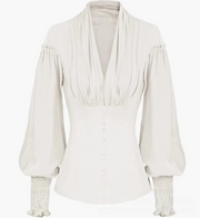 White Victorian Renaissance blouse with ruched sleeves and button front