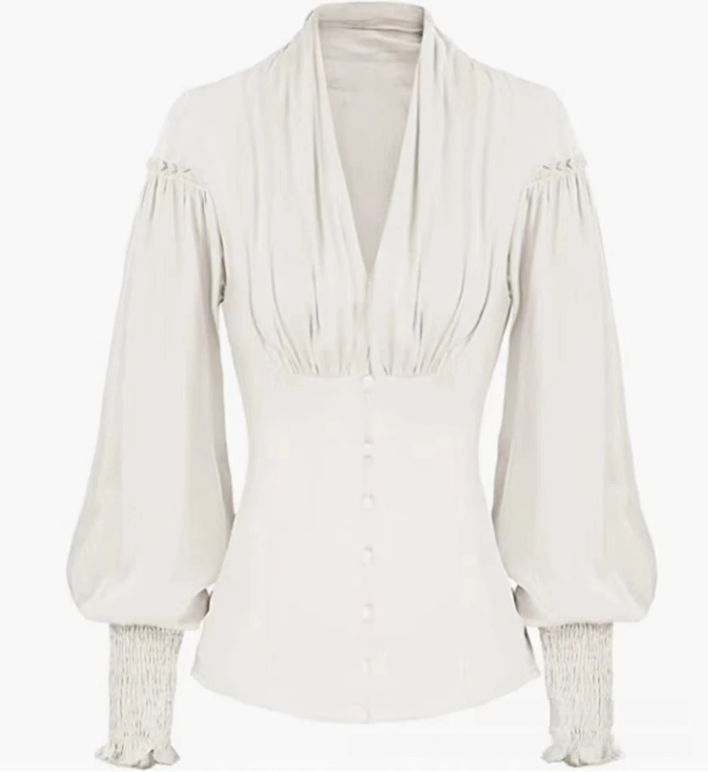 White Victorian Renaissance blouse with ruched sleeves and button front