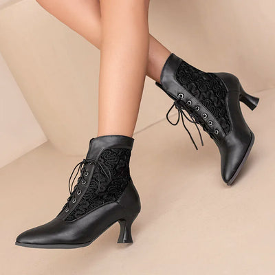 🖤 ​​Bottines à lacets victoriennes pour femmes – Bottines courtes rétro à talons moyens 🖤