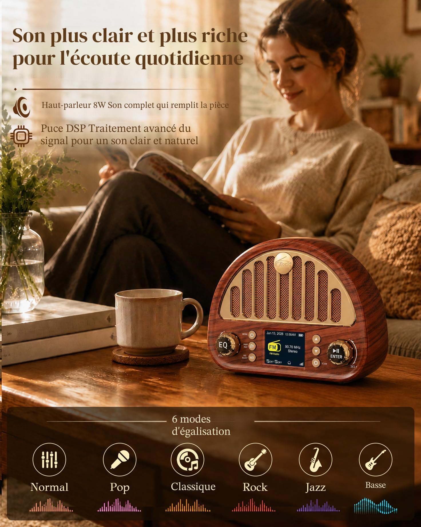 A woman relaxes on a couch reading a book in a cozy living room, while a wooden radio with a digital display sits on a coffee table in the foreground. French promotional text appears at the top, and feature icons and labels are shown along the bottom.