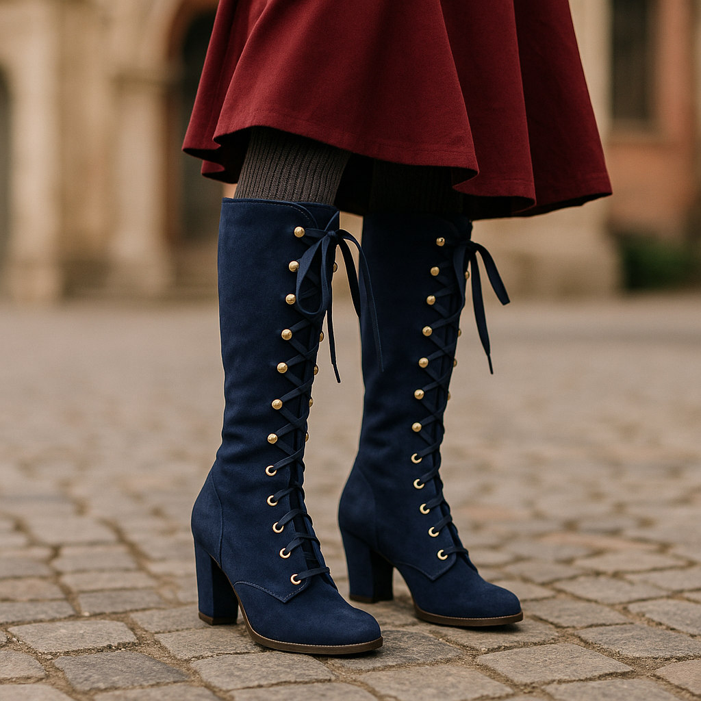Navy blue retro mid-calf boots with gold eyelets and ribbon laces