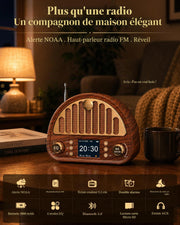 A wooden FM radio with a digital display screen sits on a wooden table in a cozy living room setting, with a lamp, book, and mug nearby. French promotional text is displayed at the top, and a feature icon bar is shown at the bottom.