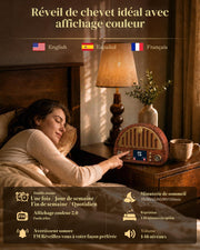 A woman sleeping in bed at night with her eyes open, reaching toward a wooden bedside table where a small digital alarm clock with a colorful display sits next to a lit lamp and a mug. French text appears across the top and bottom, describing sleep and alarm features.