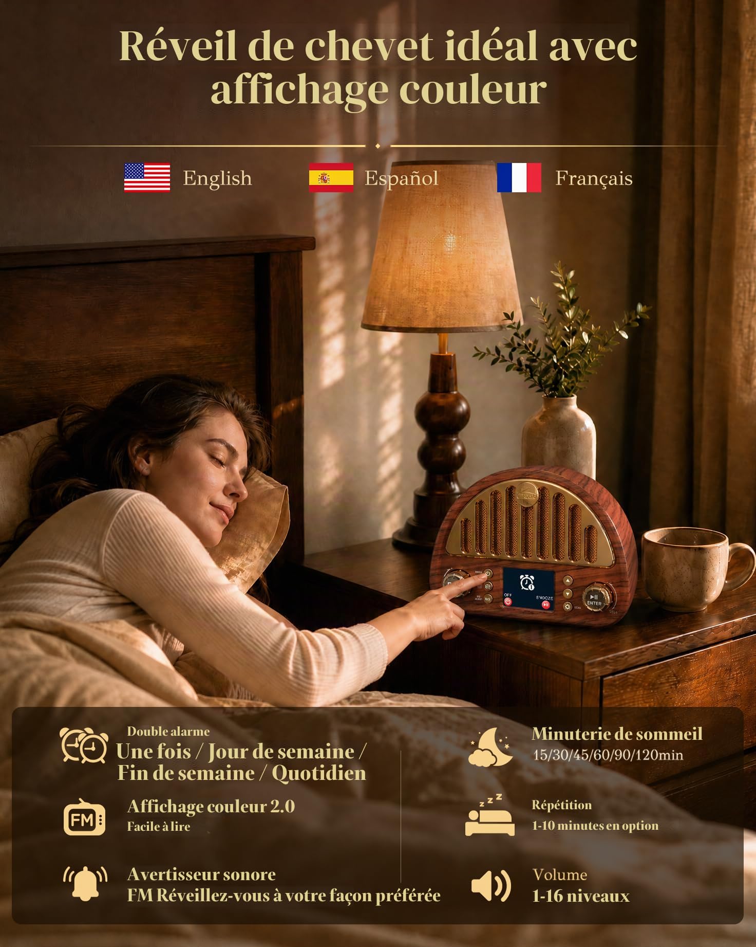 A woman sleeping in bed at night with her eyes open, reaching toward a wooden bedside table where a small digital alarm clock with a colorful display sits next to a lit lamp and a mug. French text appears across the top and bottom, describing sleep and alarm features.