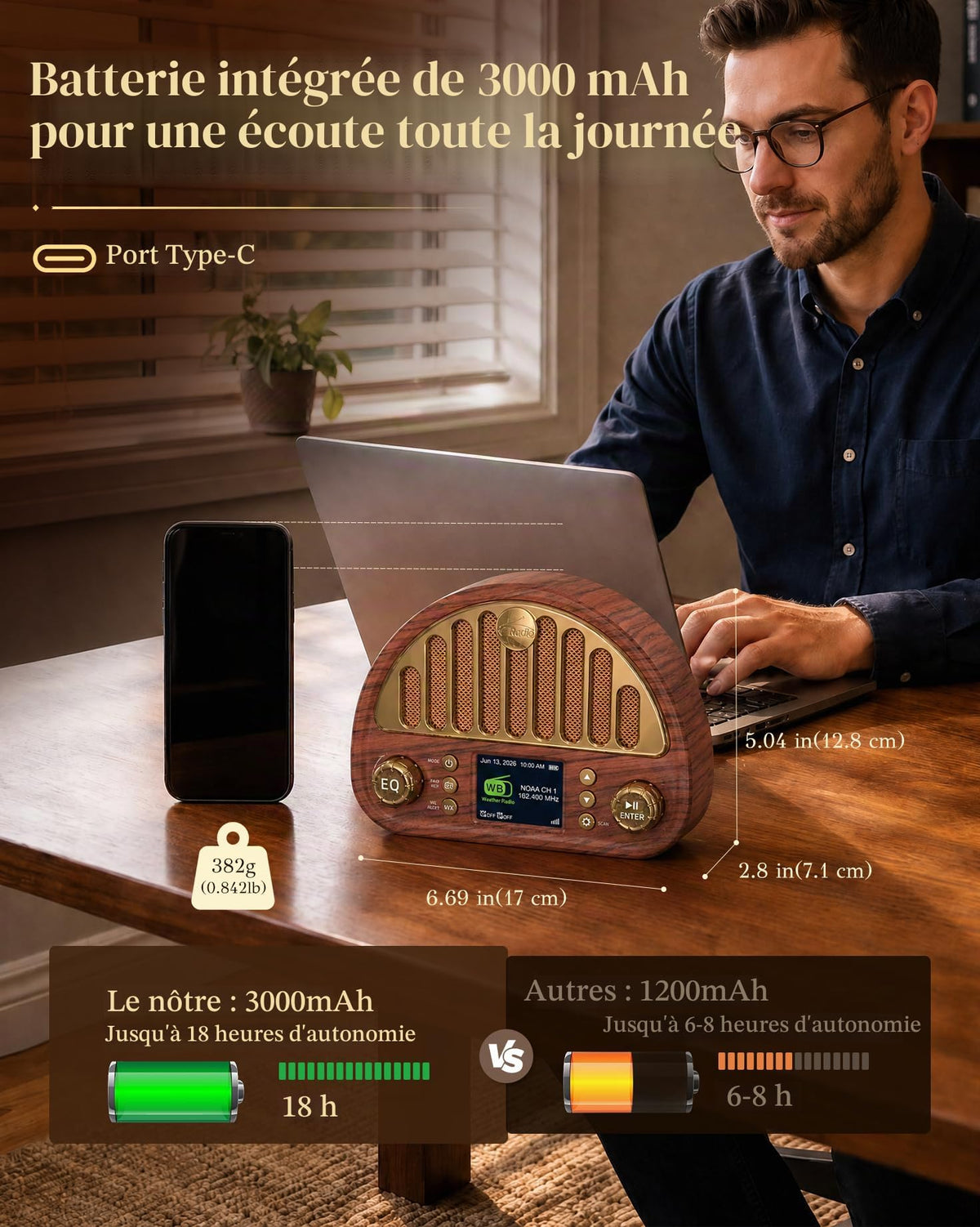 A man sits at a wooden table using a laptop next to a brown wood-grain portable radio with integrated speakers, a smartphone, and French text showing battery life and dimensions.