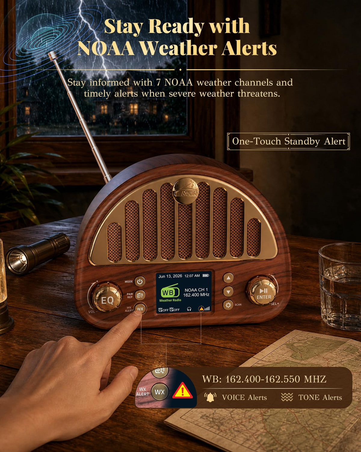 A retro-style wooden radio with a digital display and antenna sits on a wooden table, with a hand pointing at the screen. The scene includes promotional text about NOAA weather alerts, a glass, a map, and a flashlight in a dimly lit indoor setting.