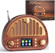 A retro-style wooden radio speaker with gold accents and a digital display screen, shown alongside its product packaging box on a white background.