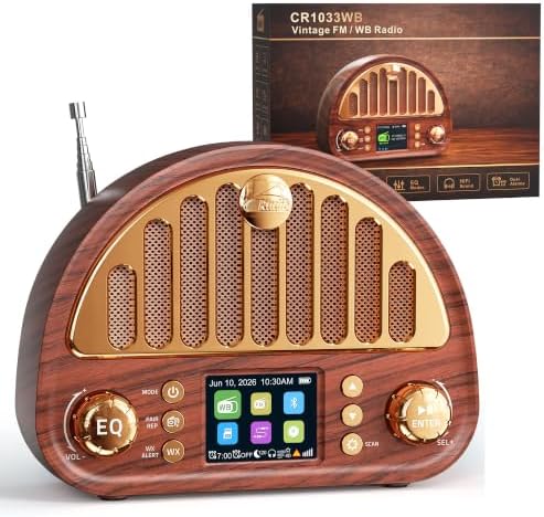 A retro-style wooden radio speaker with gold accents and a digital display screen, shown alongside its product packaging box on a white background.