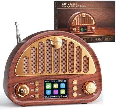 Vintage WB/FM Radio with NOAA Weather Alerts, Bluetooth Speaker & Color Alarm Clock