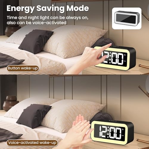 Voice activated digital alarm clock demonstrating energy saving display activation