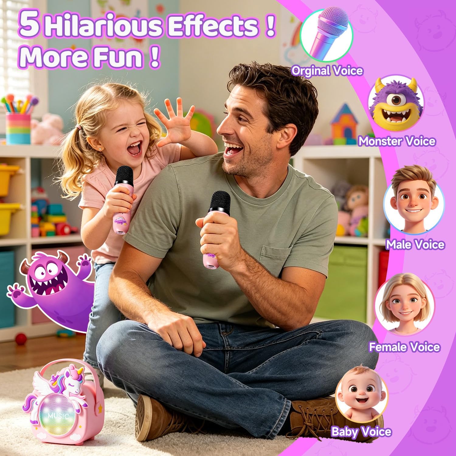 Kids karaoke machine with four fun voice changer effects