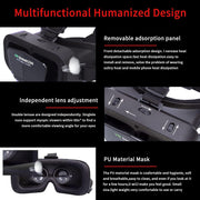 Features of SHINECON G10 headset including lens adjustment, removable front panel, and soft padding