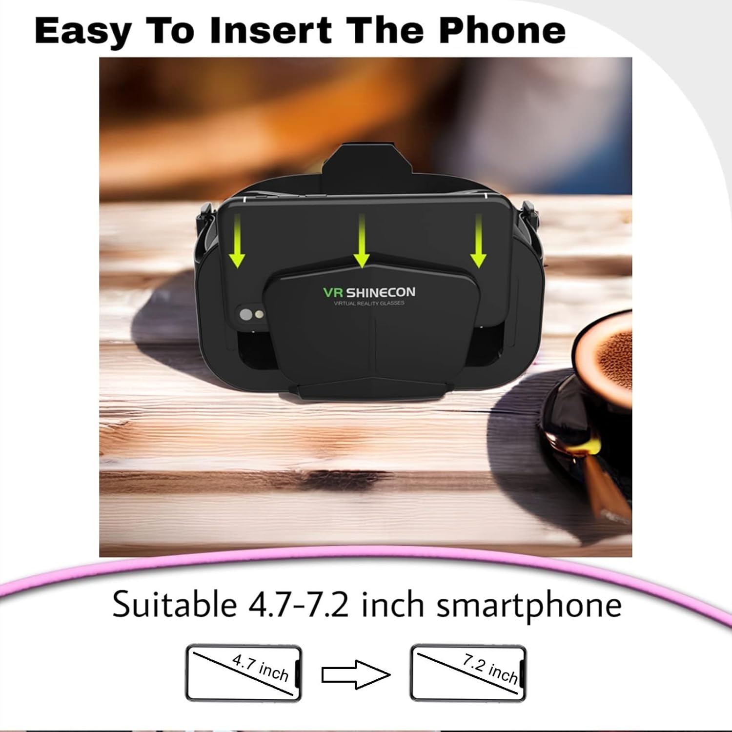 VR SHINECON headset showing easy phone insertion for 4.7 to 7.2 inch smartphones