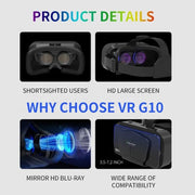 Features of VR SHINECON G10 including HD screen, shortsighted support, and lens quality