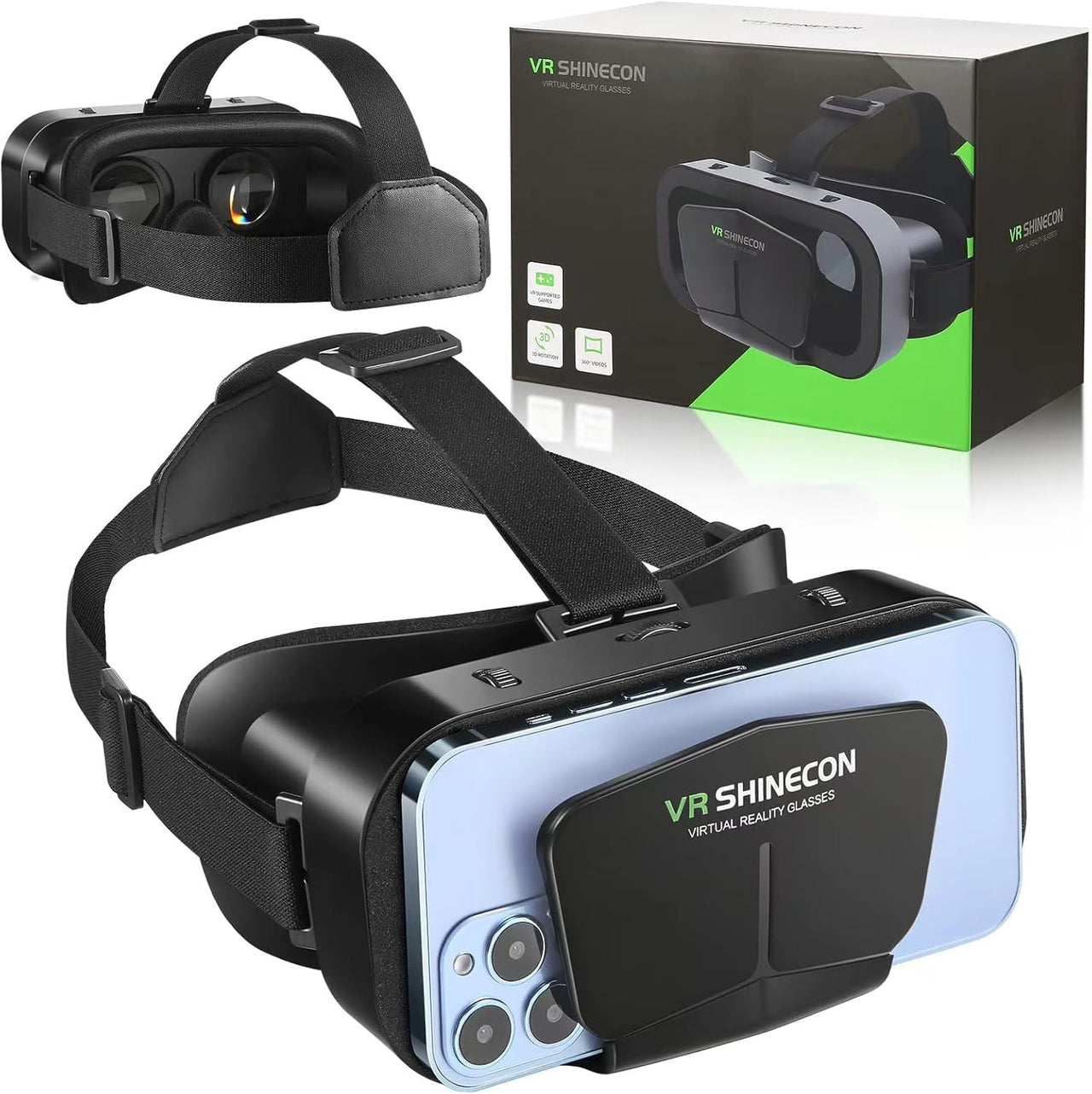 VR SHINECON G10 headset for iPhone and Android with adjustable head strap and phone holder