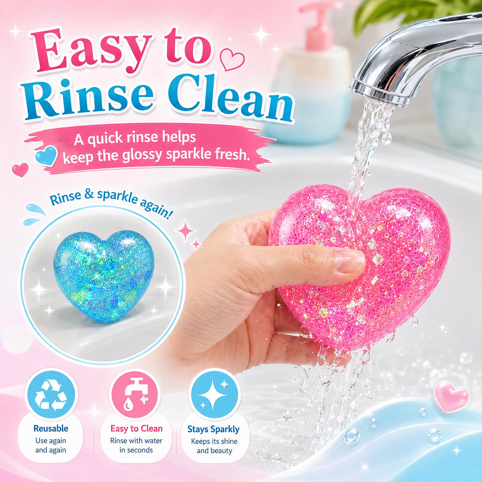 Pink heart fidget toy being rinsed clean with water