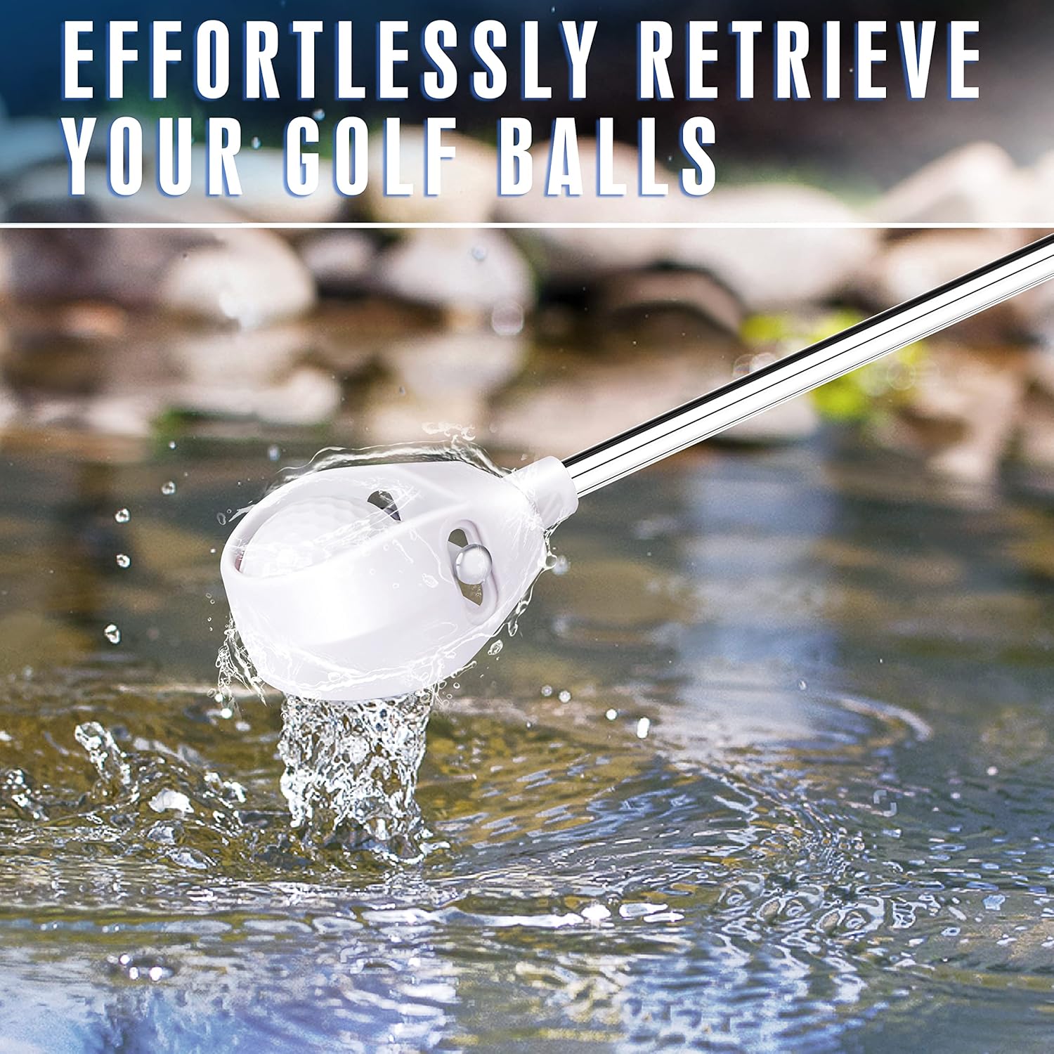 Golf retriever collecting a ball from water with splash effect