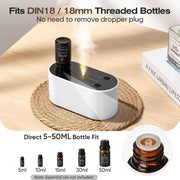 Waterless essential oil diffuser compatible with DIN18 threaded 5 ml to 50 ml bottles